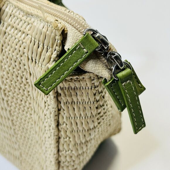Kate Landry Natural Straw Green Soft Leather Tote Bag W Double Front Pockets - Picture 9 of 10